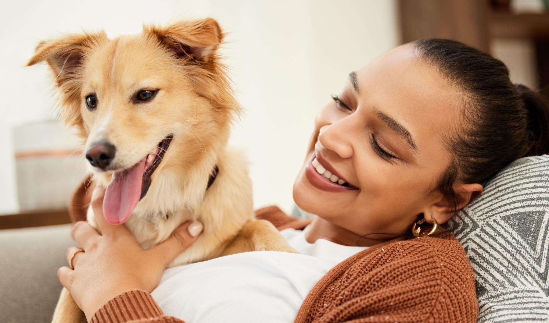 a person lying on a couch with a dog